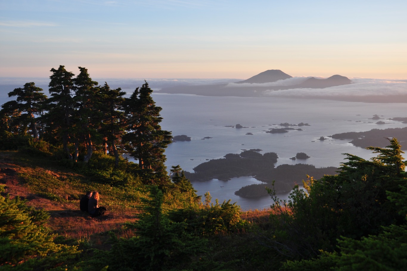 Beautiful sunset atop harbor mountain in Sitka Alaska